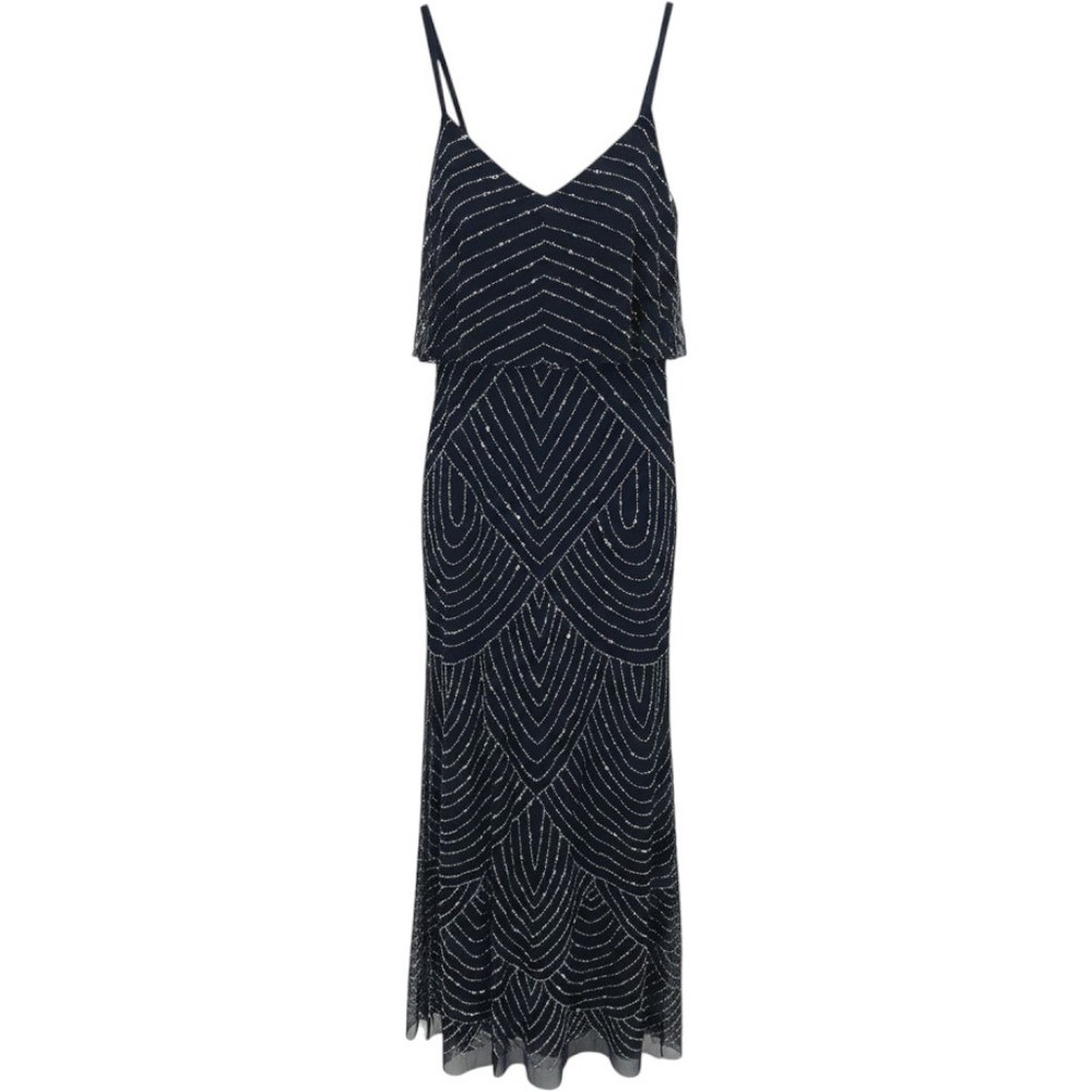 NWT Adrianna Papell‎ Navy Beaded Blouson Gown Size 2 Art Deco Sequin Dress
